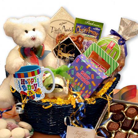 Birthday-themed gift basket. Foods, Candies, & More